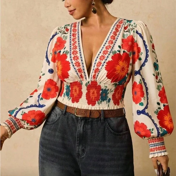 Plus Size Romantic Bohemian Floral Print Long Sleeve Tie Front Blouse Shirt - Picture 8 of 14